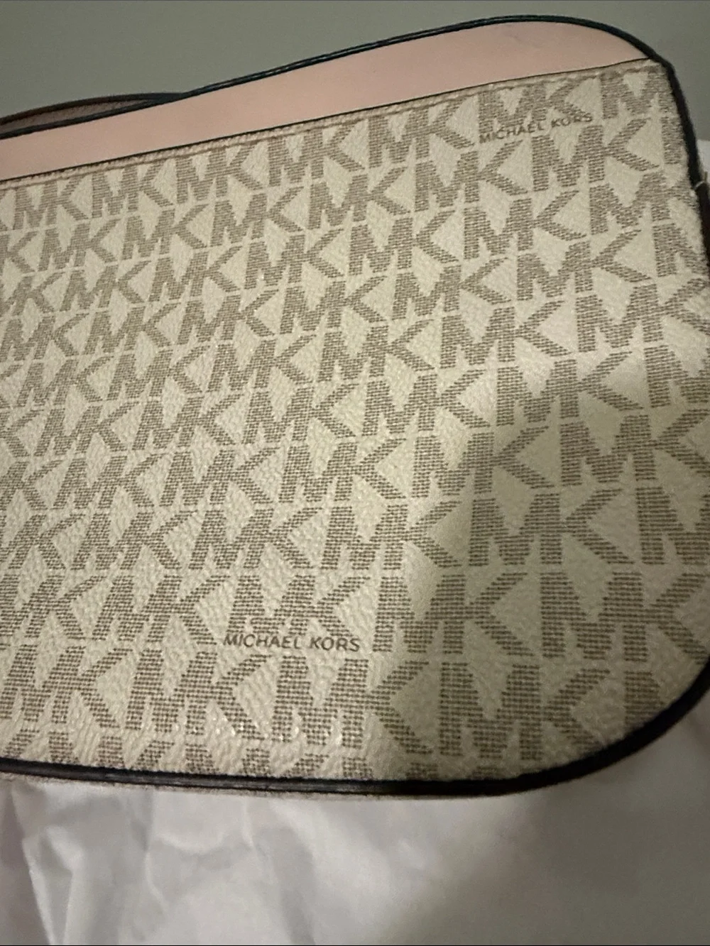 Michael Kors Light Pink MK Monogram Crossbody with Gold Chain